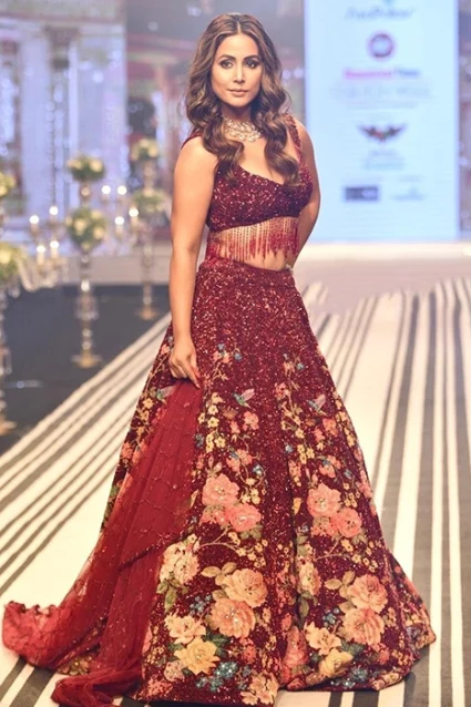 Hina Khan Beautiful Perfect Maroon Bridal Georgette Sequence Work Bollywood Style Lehenga Choli