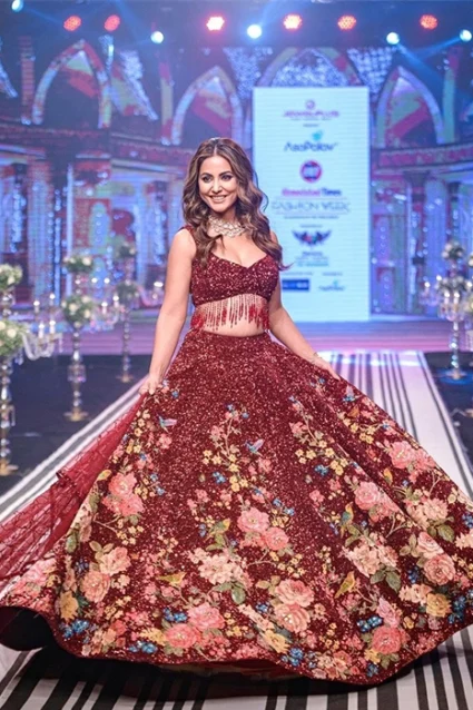 Hina Khan Beautiful Perfect Maroon Bridal Georgette Sequence Work Bollywood Style Lehenga Choli