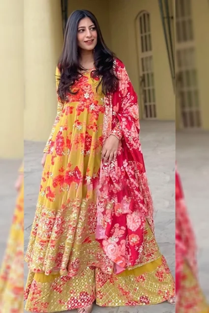 Online Yankita Kapoor Designer Heavy Floral Anarkali Palazzo Dupatta Set
