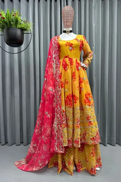 Online Yankita Kapoor Designer Heavy Floral Anarkali Palazzo Dupatta Set