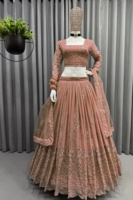 Romantic Peach Pink Fox Georgette Heavy Crop Top Lehenga Choli