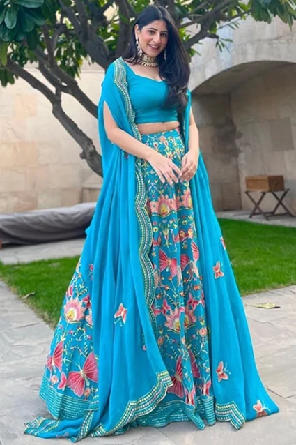 Yankita Kapoor Stylish Sky Blue Color Embroidery & Sequin Work Lehenga Choli
