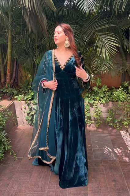 Arabian Green Velvet Designer Gown