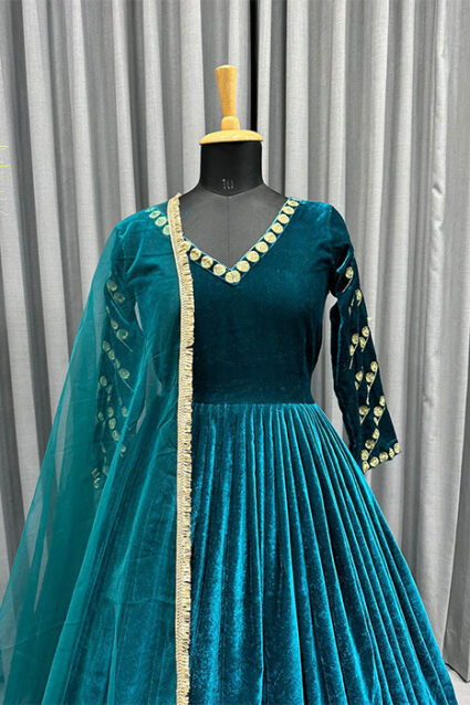 Arabian Green Velvet Designer Gown