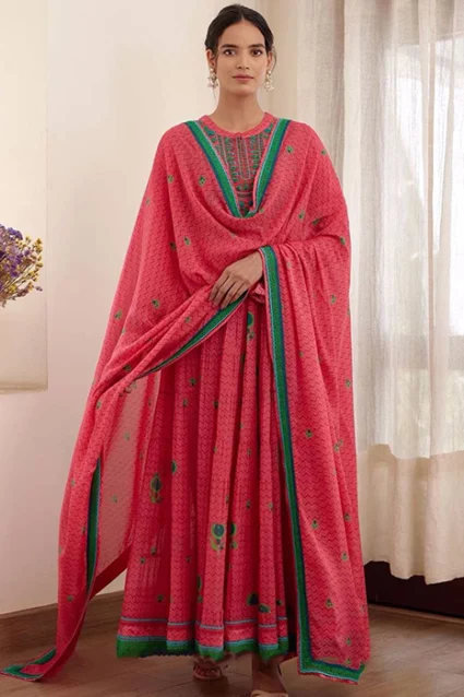 Beautiful Digitally Printed And Floral Embroidered Strawberry Shade Gown