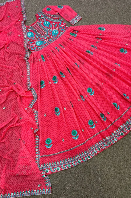 Beautiful Digitally Printed And Floral Embroidered Strawberry Shade Gown