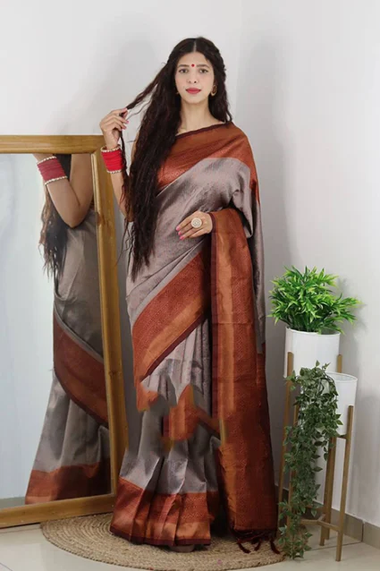 Beautiful Grey Coloured Banarasi Silk Saree