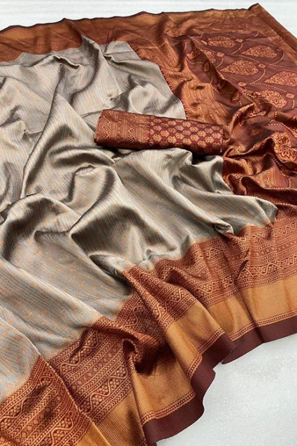 Beautiful Grey Coloured Banarasi Silk Saree