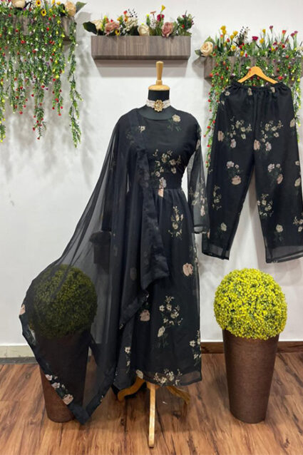 Black Floral Print Full Sleeved Anarkali Dress