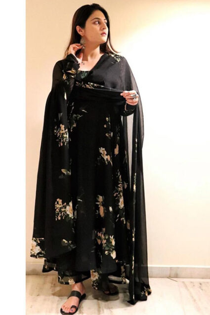 Black Floral Print Full Sleeved Anarkali Dress