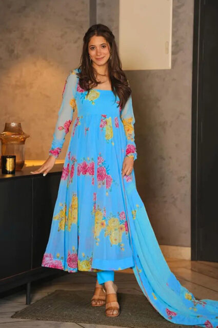 Cyan Blue Traditional Anarkali Suit