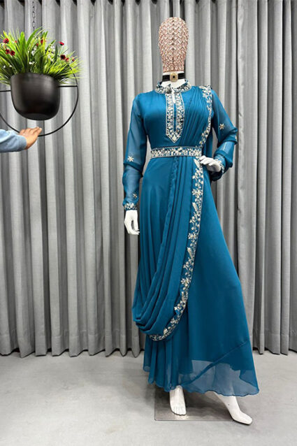 Designer Indo-Western Crimson Aegean Blue Saree Drape Pattern Suit