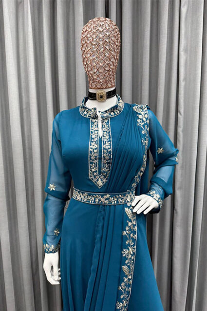 Designer Indo-Western Crimson Aegean Blue Saree Drape Pattern Suit