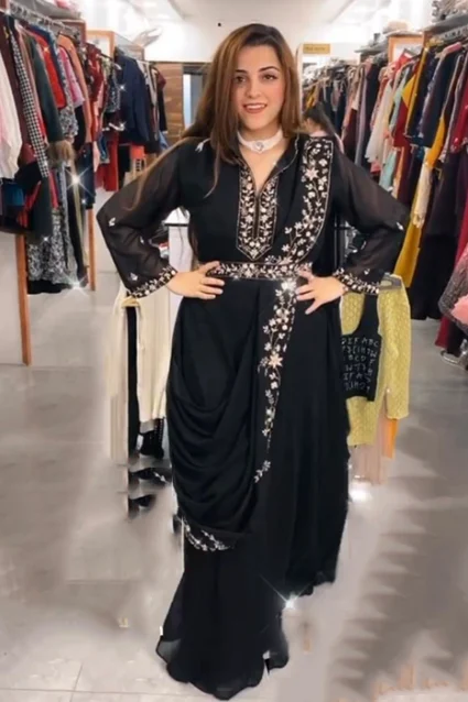 Designer Indo-Western Crimson Black Saree Drape Pattern Suit Designer Indo-Western Crimson Black Saree Drape Pattern Suit
