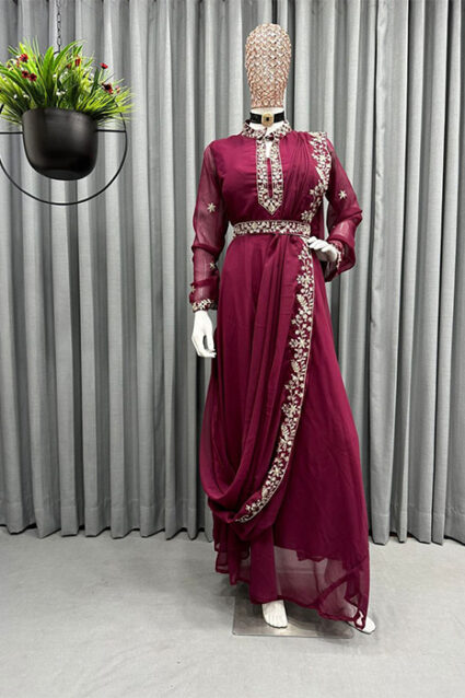 Designer Indo-Western Crimson Maroon Saree Drape Pattern Suit Designer Indo-Western Crimson Maroon Saree Drape Pattern Suit