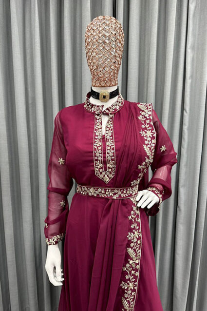 Designer Indo-Western Crimson Maroon Saree Drape Pattern Suit Designer Indo-Western Crimson Maroon Saree Drape Pattern Suit