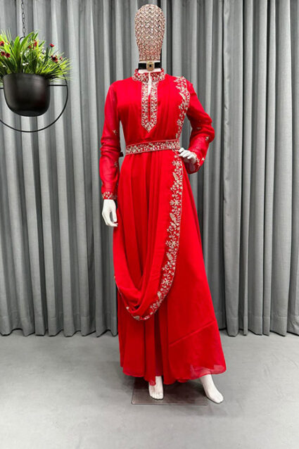 Designer Indo Western Crimson Red Saree Drape Pattern Suit