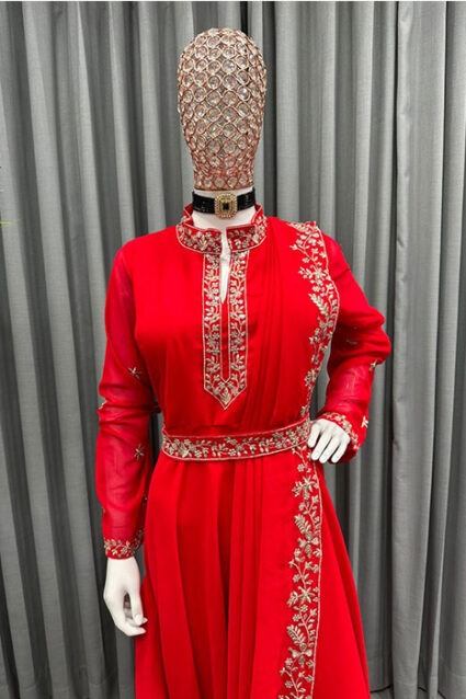 Designer Indo Western Crimson Red Saree Drape Pattern Suit