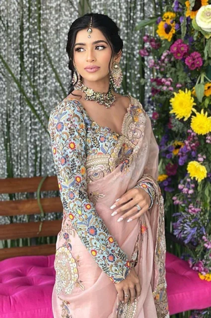 Designer Peach Saree With Heavy Embroidery