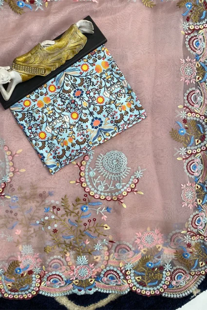 Designer Peach Saree With Heavy Embroidery