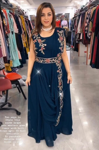 Designer Prussian Blue Chiffon Ethnic Partywear Dress