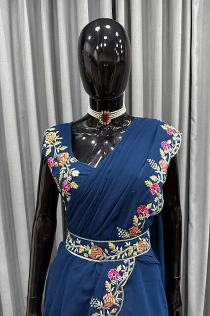 Designer Prussian Blue Chiffon Ethnic Partywear Dress