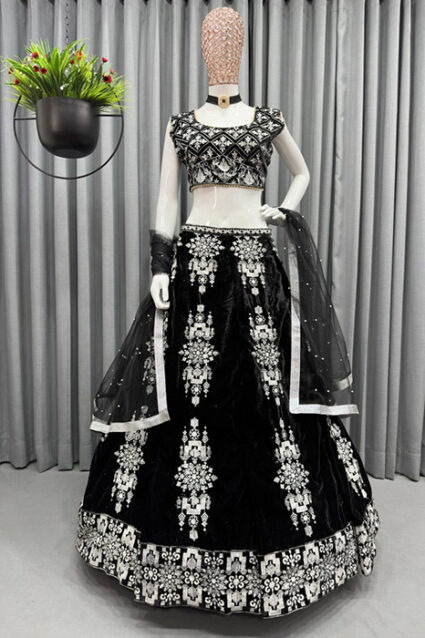 Ethnic Black Velvet Designer Embroidered Lehenga Choli