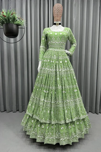 Ethnic Tea Green Chikenkari Lehenga