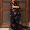 Excellent And Trendy Black Coloured Floral Printed Organza Silk Saree