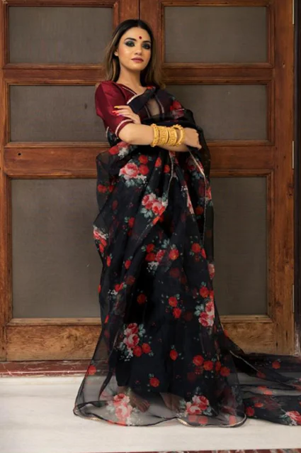 Excellent And Trendy Black Coloured Floral Printed Organza Silk Saree
