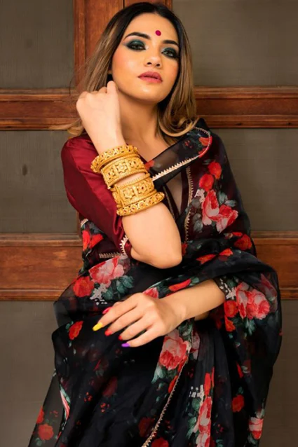 Excellent And Trendy Black Coloured Floral Printed Organza Silk Saree