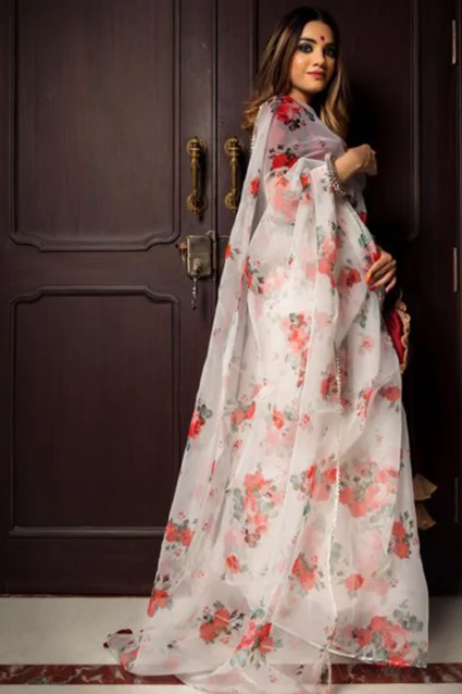 Excellent And Trendy White Coloured Floral Printed Organza Silk Saree