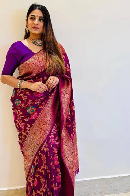 Fashionable Floral Print Mauve Banarasi Soft Silk Saree