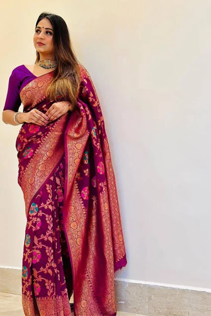 Fashionable Floral Print Mauve Banarasi Soft Silk Saree
