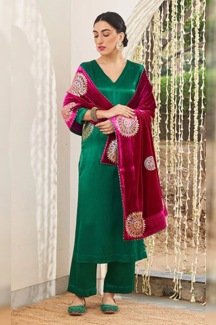 Fern Shade Lustrous And Glossy Satin Salwar Suit Fern Shade Lustrous And Glossy Satin Salwar Suit