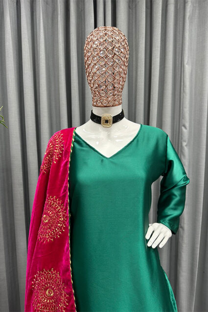 Fern Shade Lustrous And Glossy Satin Salwar Suit Fern Shade Lustrous And Glossy Satin Salwar Suit