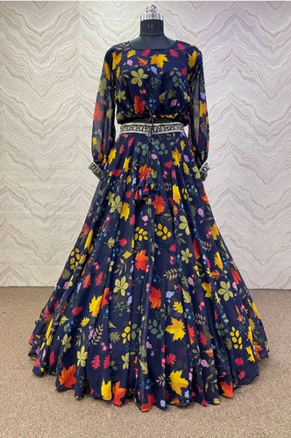 Funky Floral Print Navy Blue Lehenga choli For Women