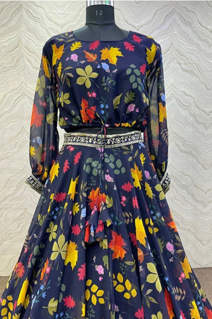 Funky Floral Print Navy Blue Lehenga choli For Women