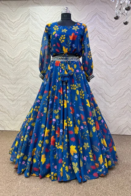 Funky Floral Print Royal Blue Lehenga choli For Women