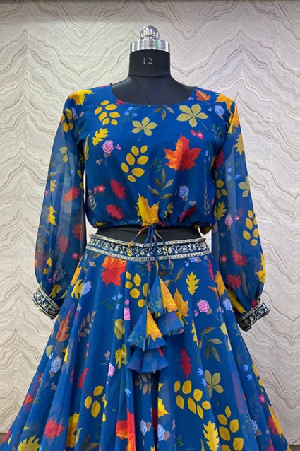 Funky Floral Print Royal Blue Lehenga choli For Women