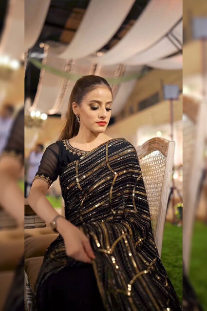Glamorous Black Embellished Sequinned Gorgeous Georgette Saree