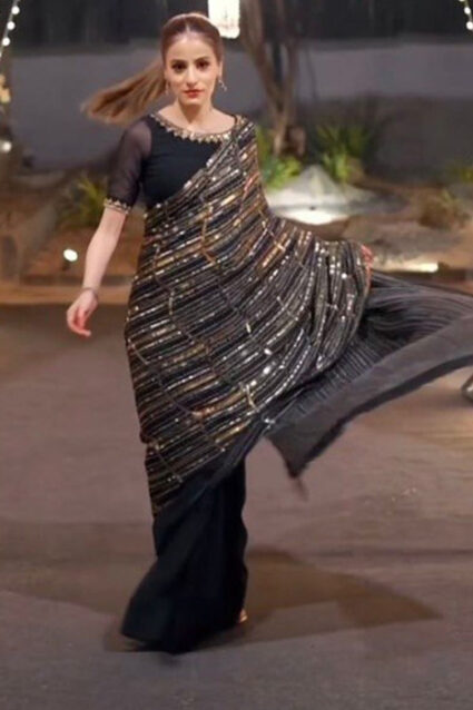 Glamorous Black Embellished Sequinned Gorgeous Georgette Saree
