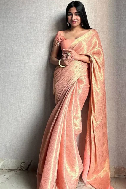 Gorgeous Peach Coloured Floral Print Banarasi Silk Saree