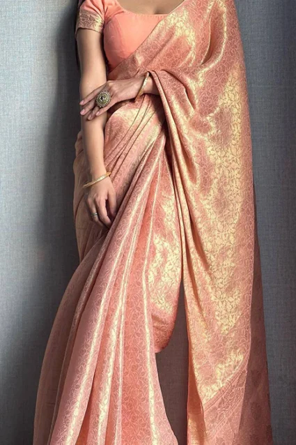 Gorgeous Peach Coloured Floral Print Banarasi Silk Saree