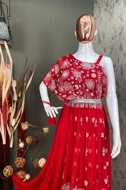 Gorgeous and Fashionable Indo Western Embroidered Tart Red Gown