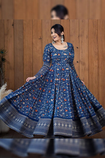 Jaipuri Print Coral Blue Anarkali Gown