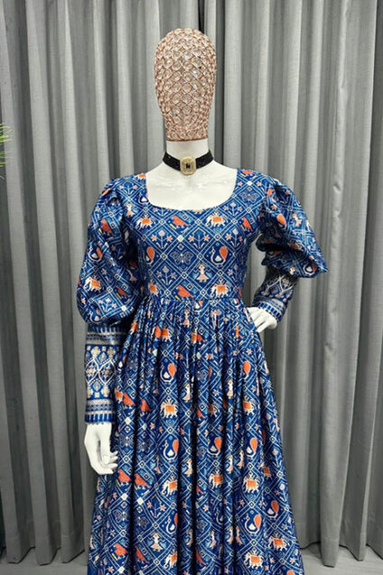 Jaipuri Print Coral Blue Anarkali Gown