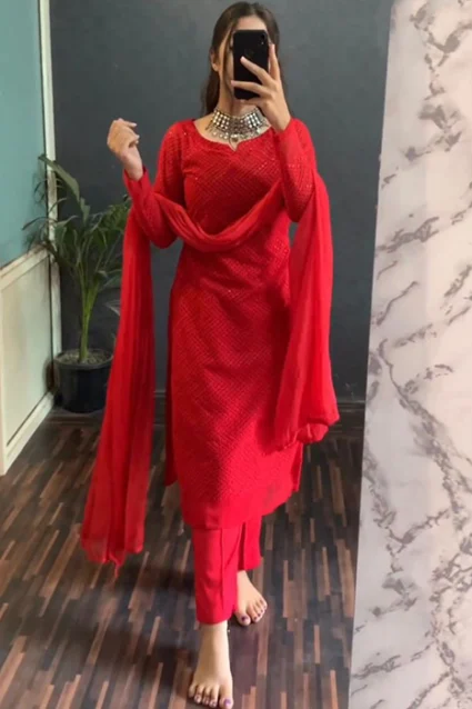 Latest Designer Scarlet Red Sequenced Suit Latest Designer Scarlet Red Sequenced Suit