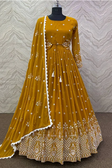 Latest Gold Finch Yellow Embroidered Gown with Dupatta