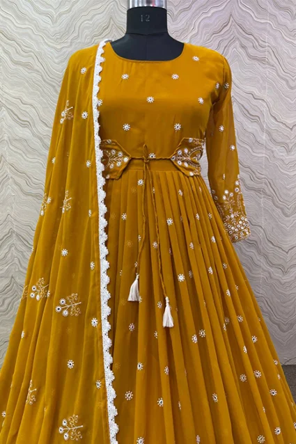 Latest Gold Finch Yellow Embroidered Gown with Dupatta